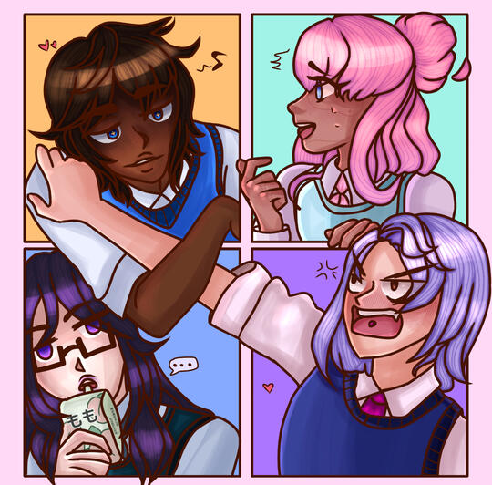 Saza Daisuke and Ogura Naoki fight (they're in love). Takata Hiroshige and Ebinuma Shungyosai are concerned and judging. (My OCs)